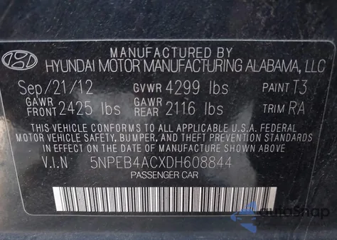 2013 Hyundai Sonata Gls z USA, uszkodzony, nr VIN 5NPEB4ACXDH608844